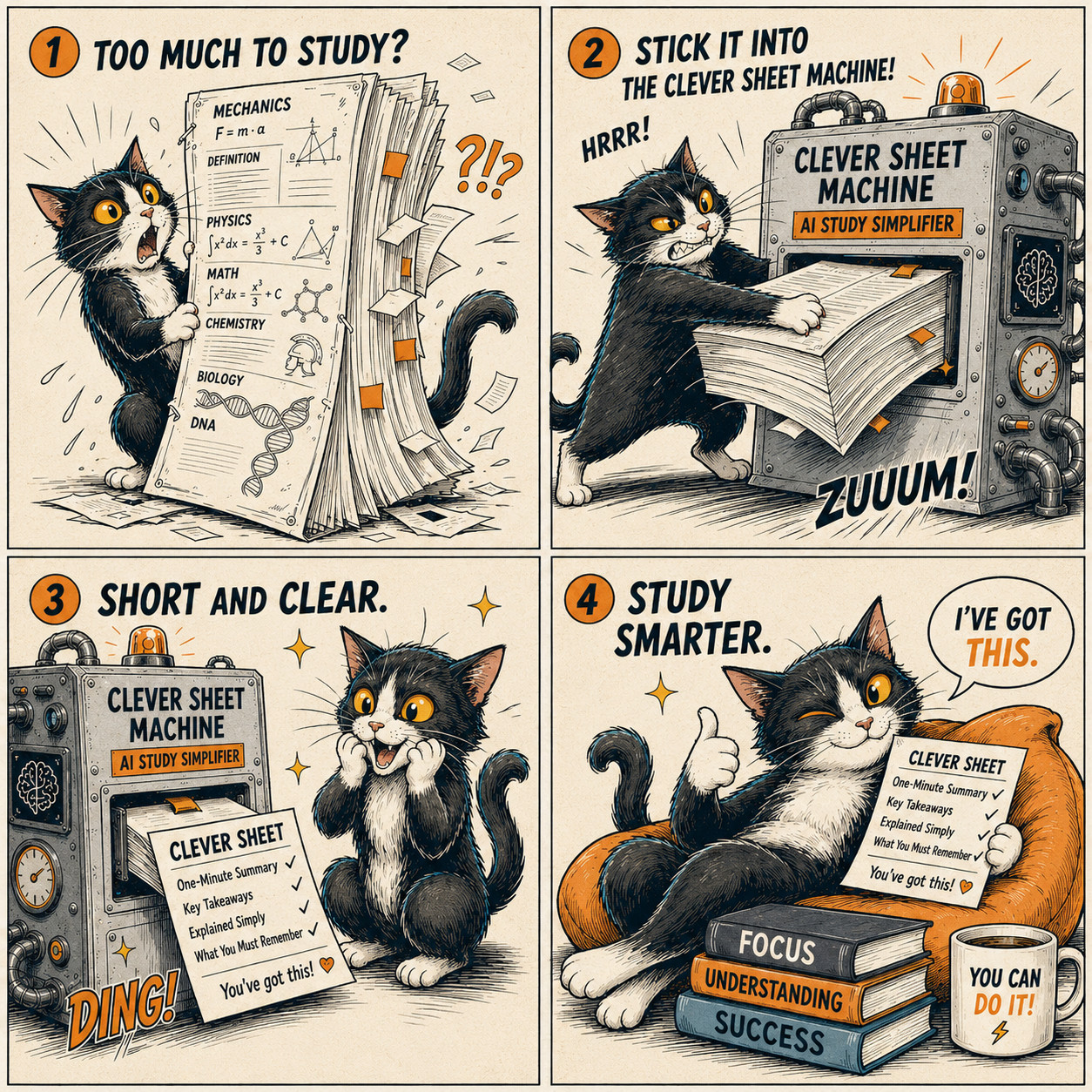 Clever Sheet Machine comic: too much to study, short and clear, study smarter